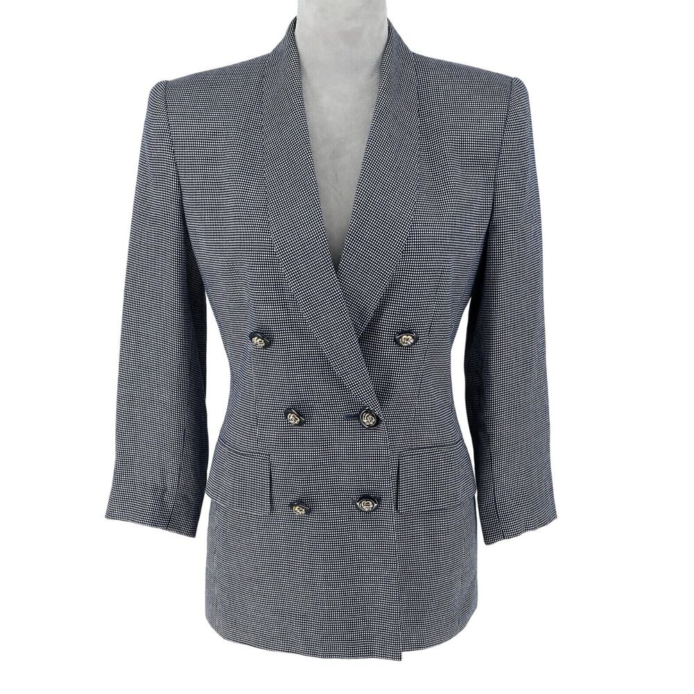Kasper Jacket Petites 4P Navy Blue White Micro Plaid Double Breasted Vintage